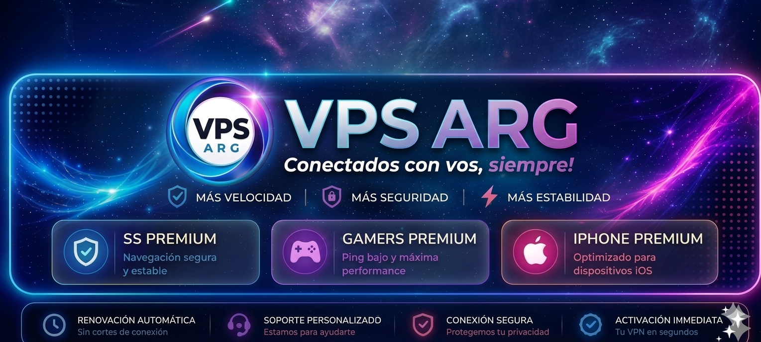 Neon promotional banner for VPS ARG presenting VPN PREMIUM ARGENTINA. Large headline reads VPN PREMIUM ARGENTINA with smaller site branding VPS ARG and tagline Conectados con vos, siempre!. Three feature boxes read SS PREMIUM Navegación segura y estable; GAMERS PREMIUM Ping bajo y máxima performance; IPHONE PREMIUM Optimizado para dispositivos iOS. Above the feature boxes are three benefits: MÁS VELOCIDAD | MÁS SEGURIDAD | MÁS ESTABILIDAD. A bottom information row lists RENOVACIÓN AUTOMÁTICA Sin cortes de conexión; SOPORTE PERSONALIZADO Estamos para ayudarte; CONEXIÓN SEGURA Protegemos tu privacidad; ACTIVACIÓN INMEDIATA Tu VPN en segundos. Visual style is dark with bright blue and magenta neon borders, glowing particle streaks and rounded rectangles; overall tone is energetic, modern and high tech, conveying speed, security and reliability.